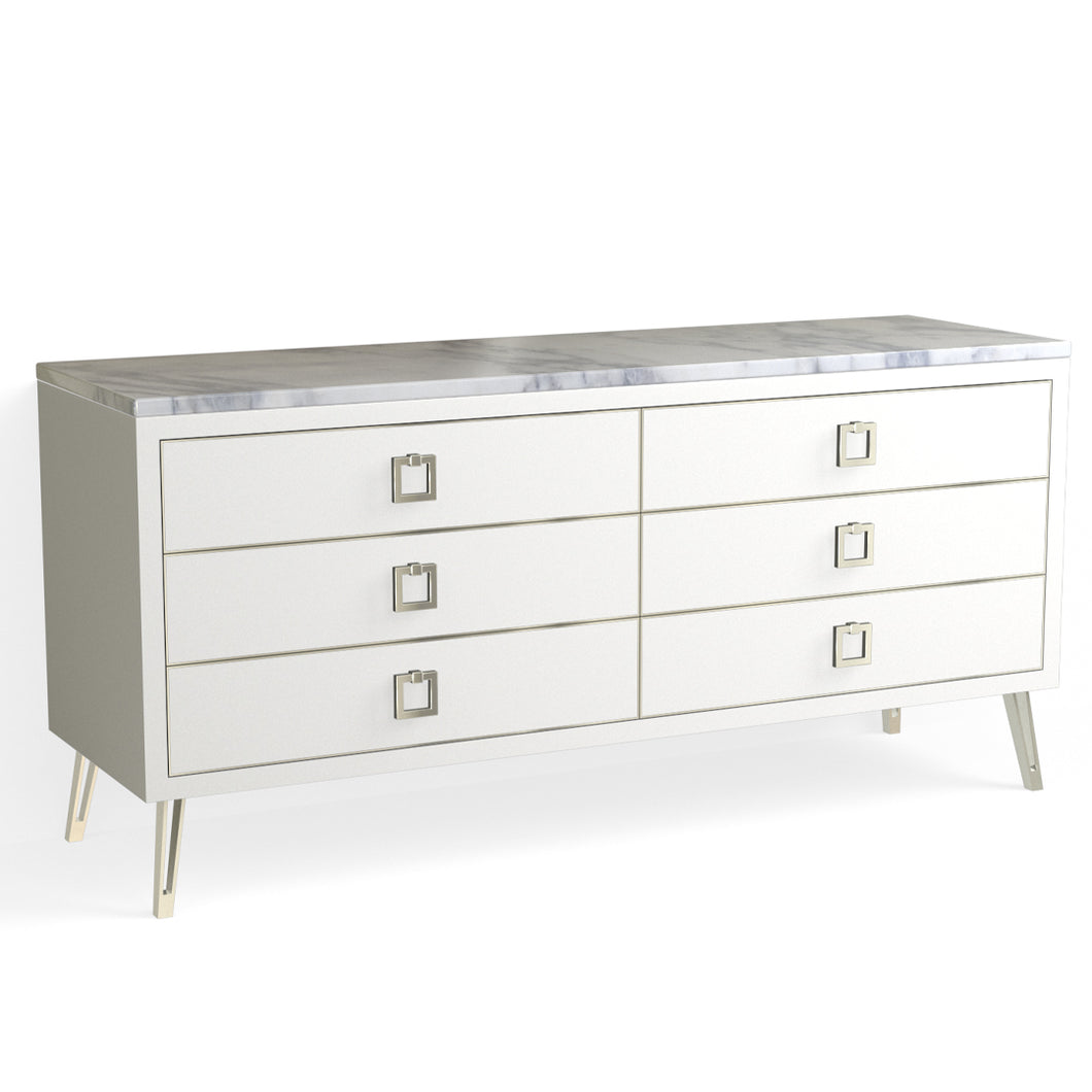 Josie 6 Drawer Dresser-Polished Nickel and White