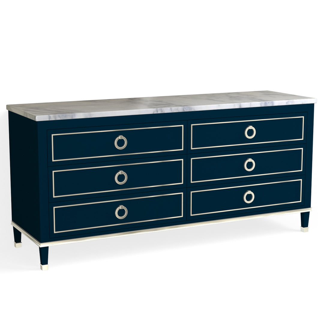 Henley 6 Drawer Dresser-Polished Nickel and Navy Blue