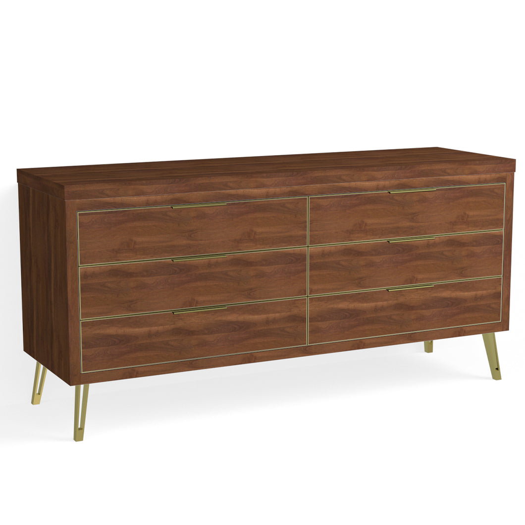 Josie 6 Drawer Dresser-Satin Brass and French Walnut