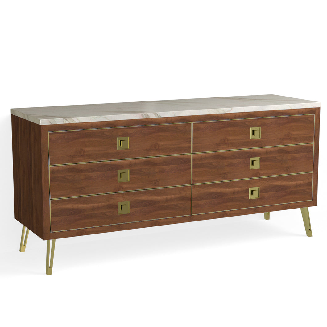 Josie 6 Drawer Dresser-Satin Brass and French Walnut