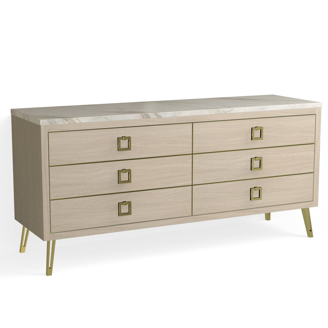 Josie 6 Drawer Dresser-Satin Brass and Cerused Oak