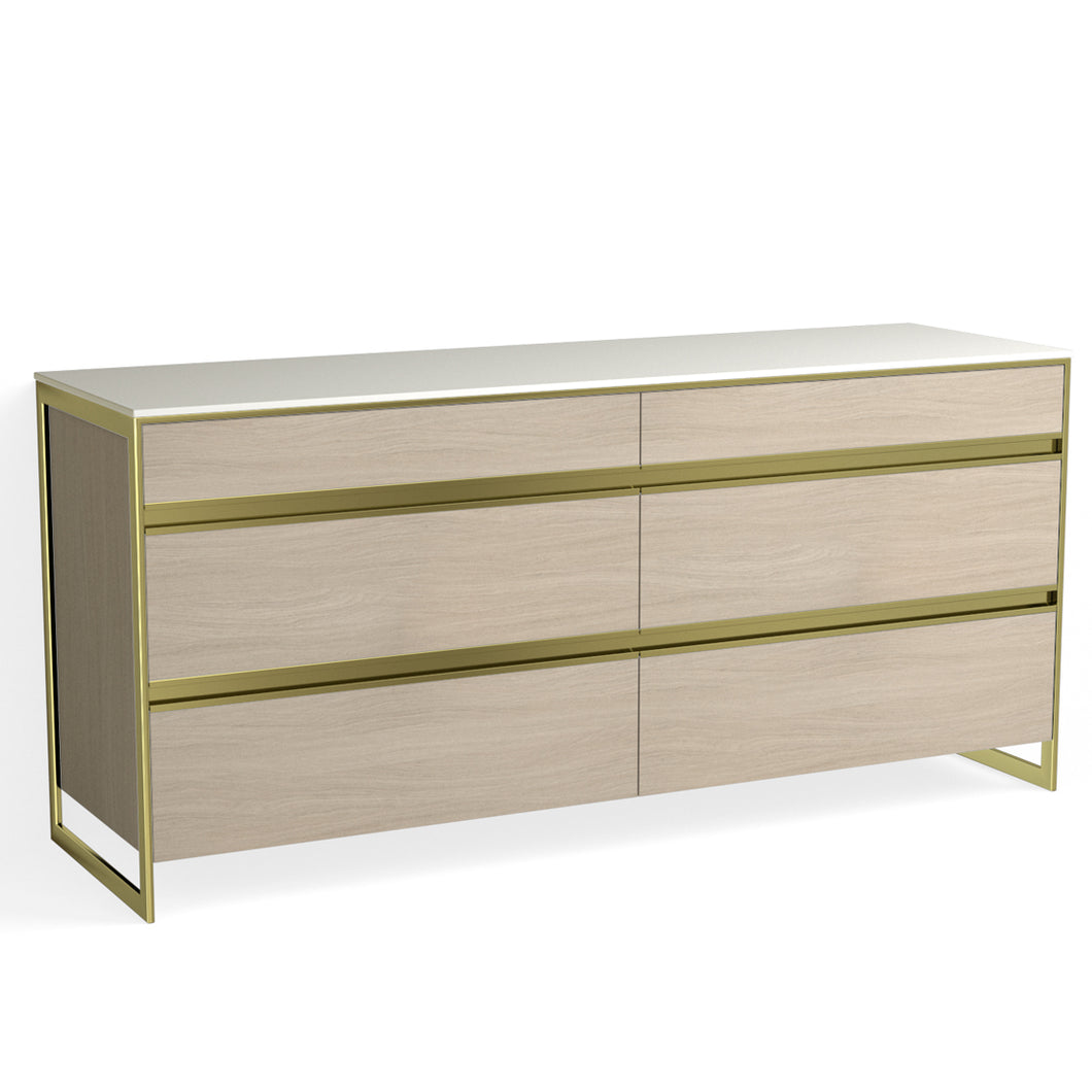 Avento 6 Drawer Dresser-Satin Brass and Cerused Oak