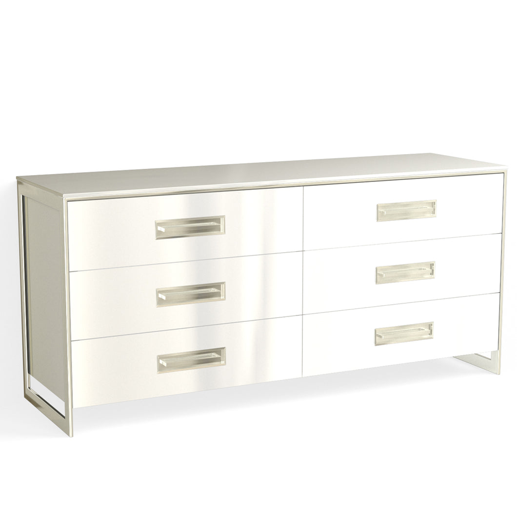 Alton 6 Drawer Dresser-Polished Nickel and White Acrylic The Furniture Guild Alton 6 Drawer Dresser-Polished Nickel and White Acrylic The Furniture Guild