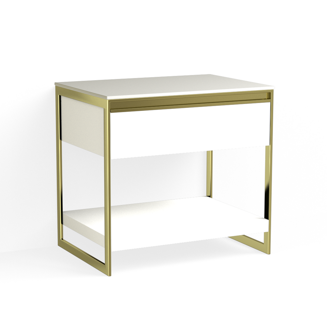 Avento Open Nightstand-Satin Brass and White Fenix